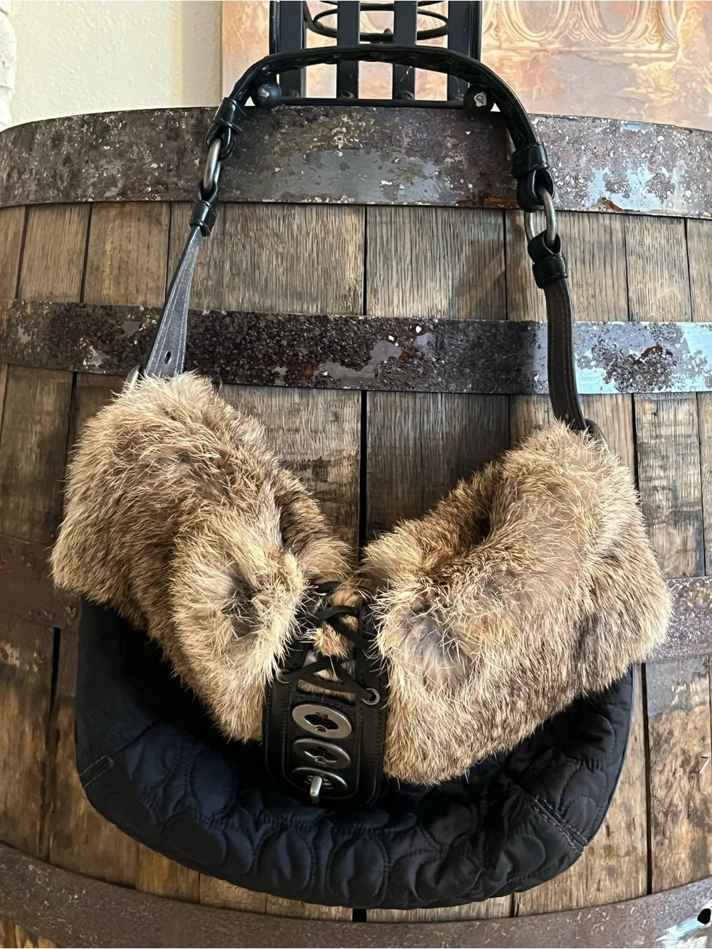 Coach Vintage Black Leather and Rabbit Fur Shoulder Bag